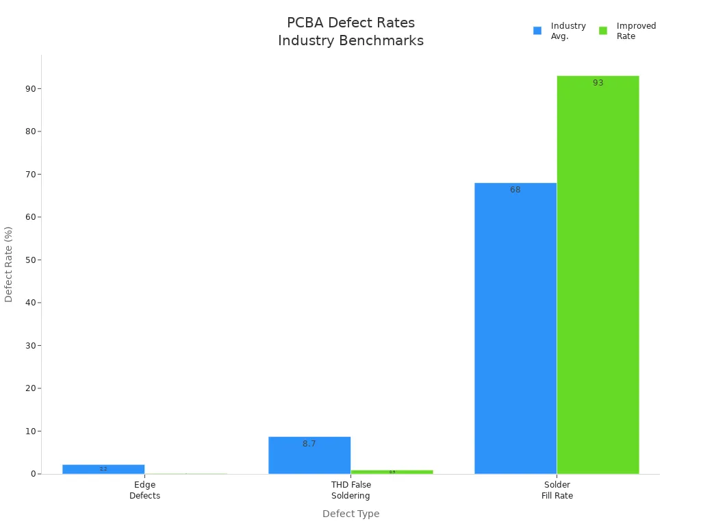 Grouped bar chart comparing industry average and improved defect rates for PCBA manufacturing