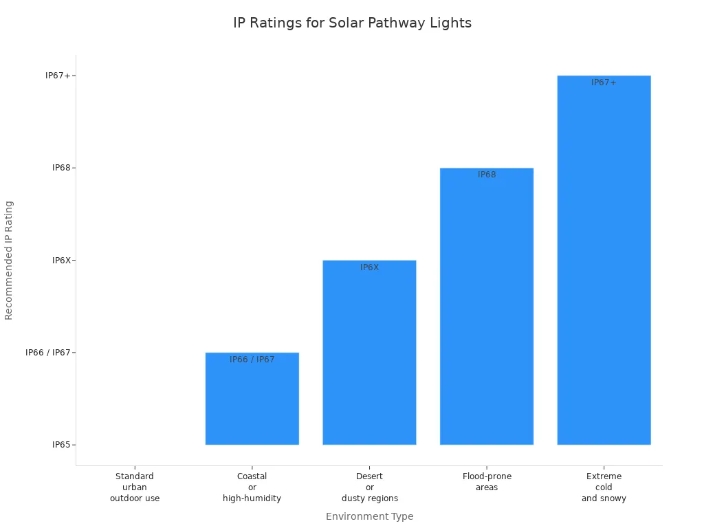 Bar chart comparing recommended IP ratings for solar pathway lights in different environments