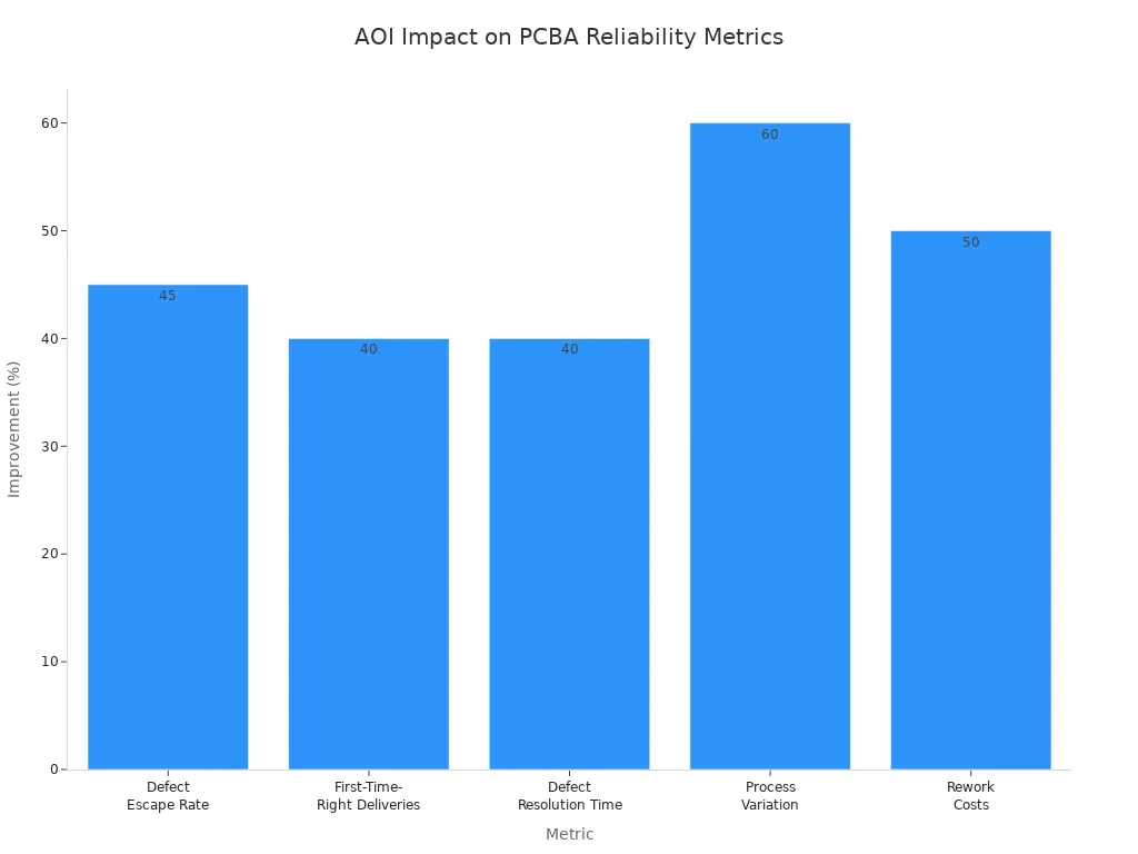 Bar chart showing AOI inspection improvements in defect escape rate, first-time-right deliveries, defect resolution time, process variation, and rework costs.