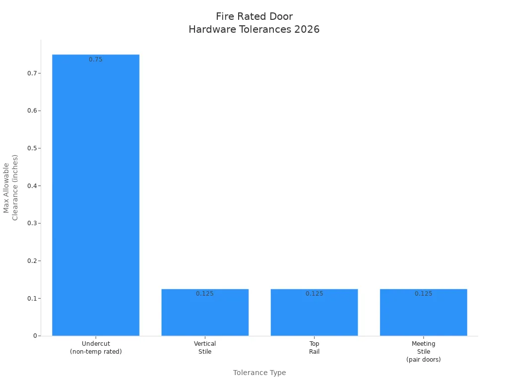 Bar chart comparing installation tolerances for fire rated door hardware per 2026 codes