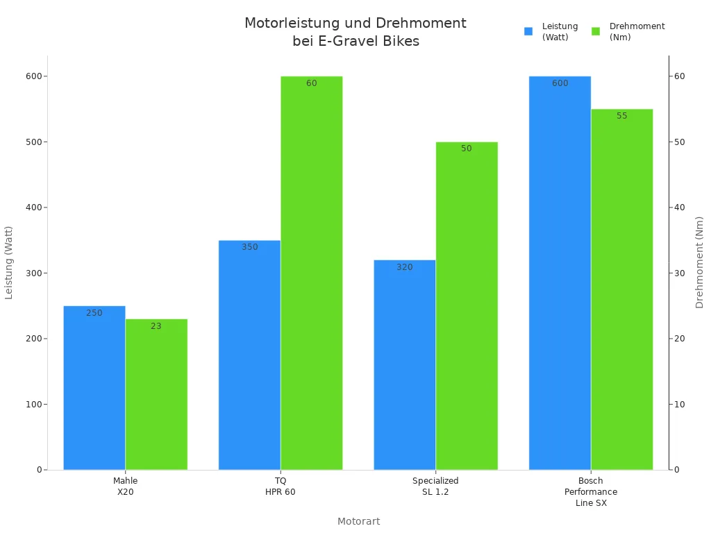 Vergleich der Motorleistung und des Drehmoments verschiedener E-Gravel Bike Motoren