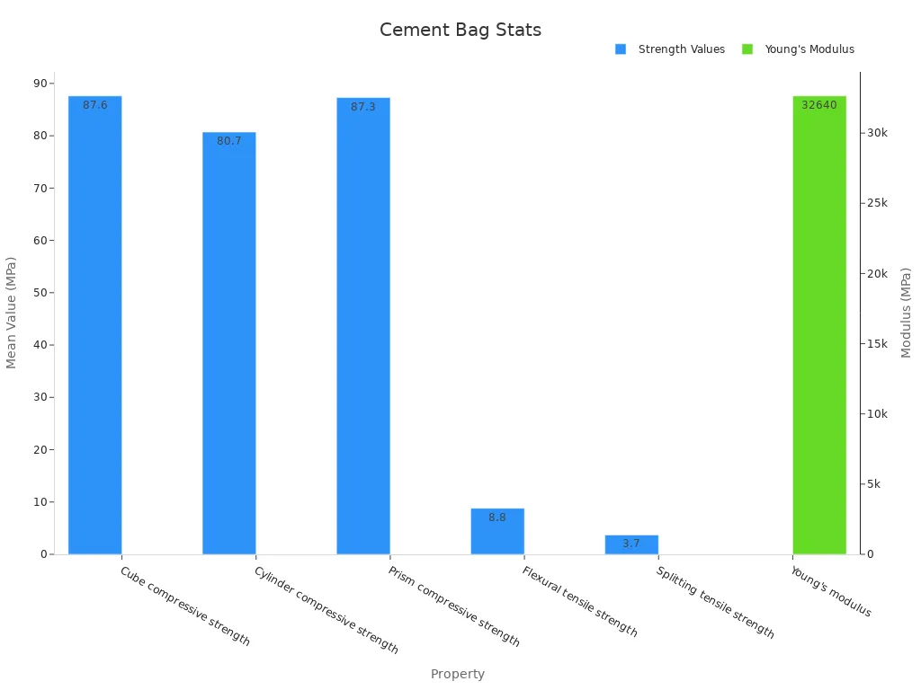 Bar chart showing cement bag strength properties and modulus comparisons