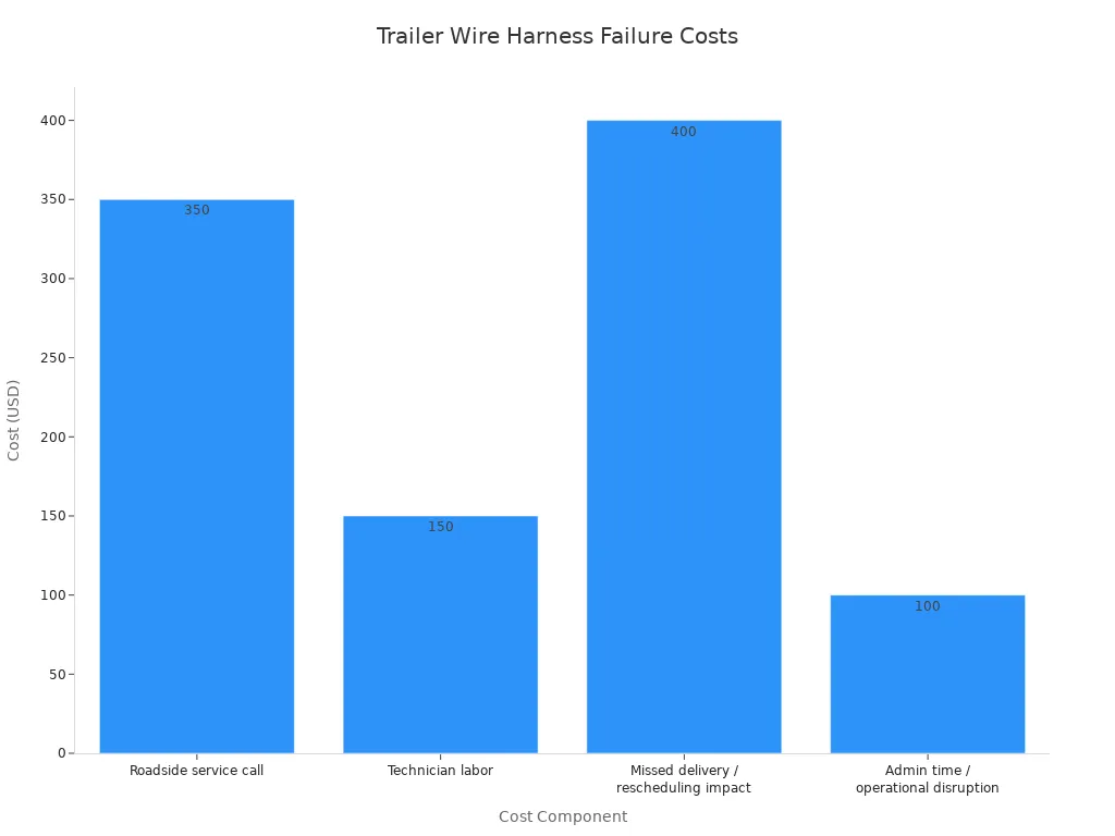 Bar chart showing common field failure costs: roadside service call $350, technician labor $150, missed delivery/rescheduling impact $400, and admin time/operational disruption $100.