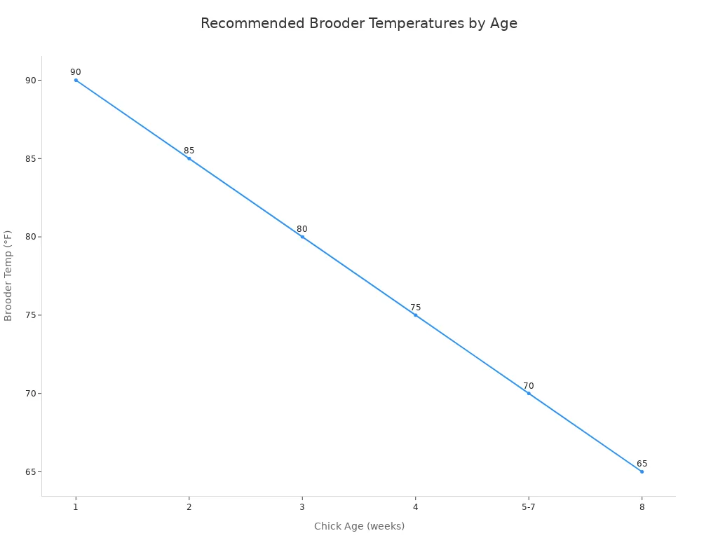 Line chart showing recommended brooder temperatures for chicks by age in weeks