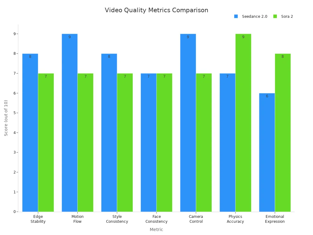 Grouped bar chart comparing Seedance 2.0 and Sora 2 video quality metrics