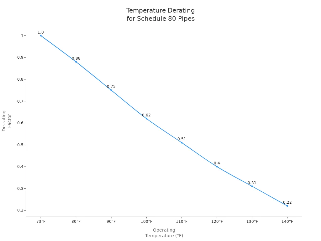 Line chart showing derating factor decreasing as temperature increases for schedule 80 plastic pipes