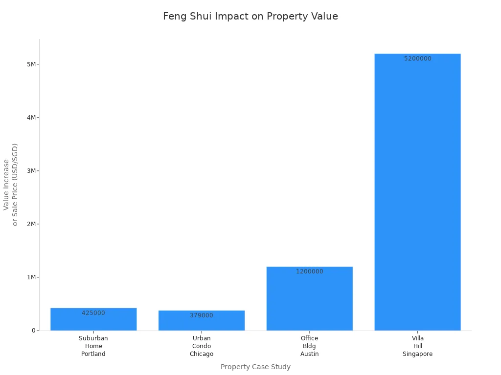 Bar chart comparing property values after Feng Shui fixes in four real-world case studies.