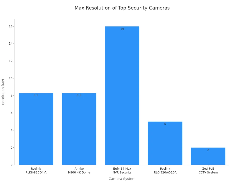 Bar chart comparing the maximum resolution in megapixels of top home security camera systems in 2025