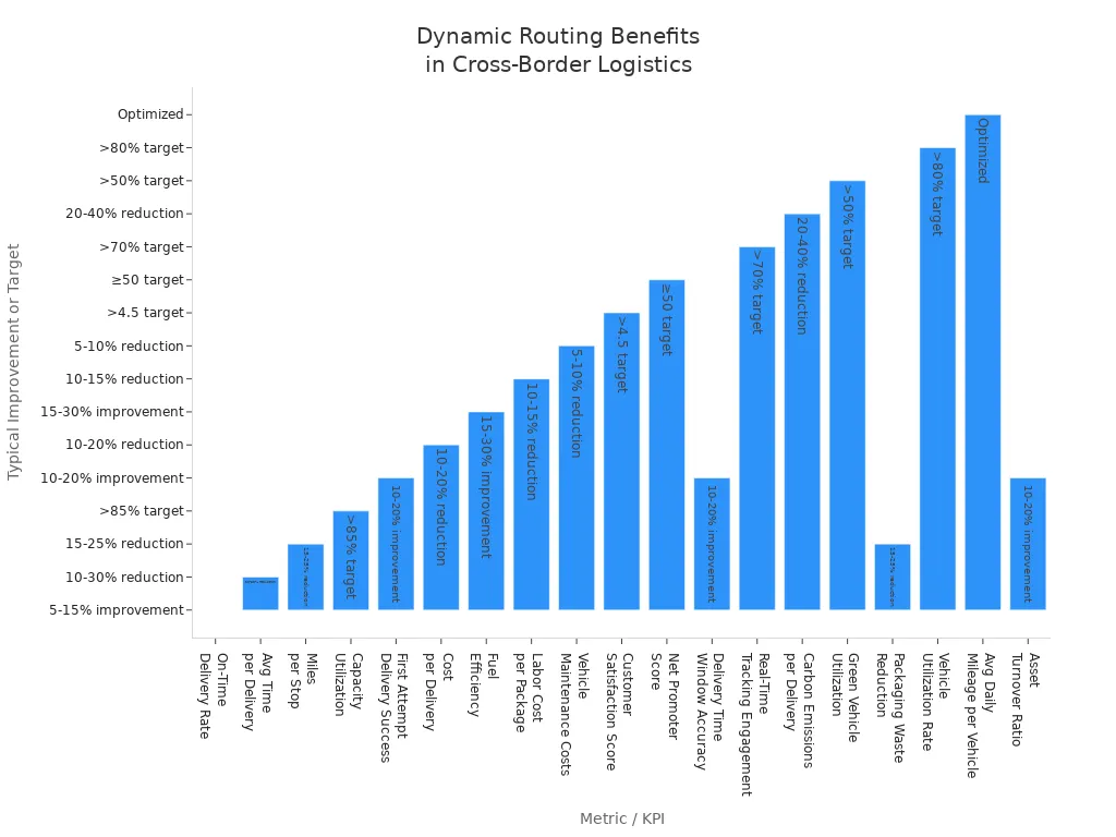 Bar chart showing typical improvements and targets for dynamic routing in cross-border logistics across various metrics