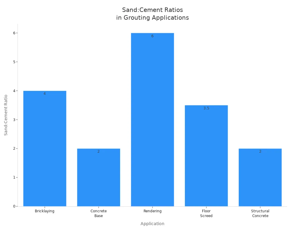 What Is Grouting Material and What Are Its Main Components Bar chart comparing sand to cement ratios across grouting applications