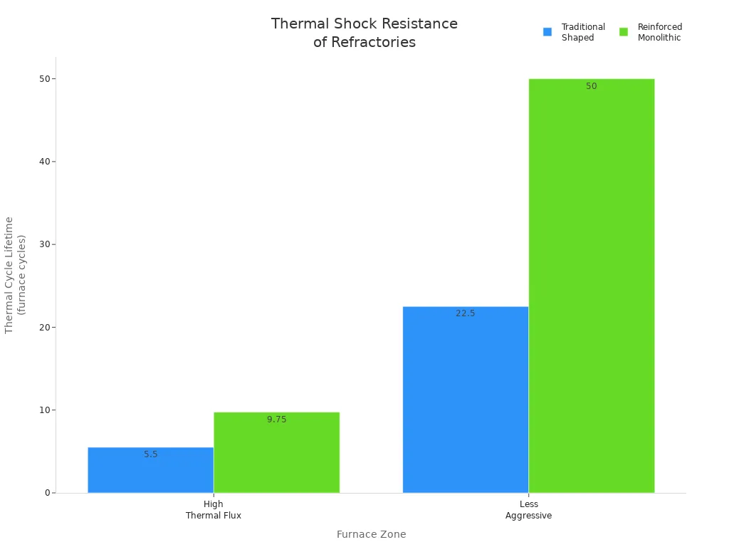 Bar chart comparing thermal cycle lifetimes of traditional shaped and reinforced monolithic refractories in different furnace zones