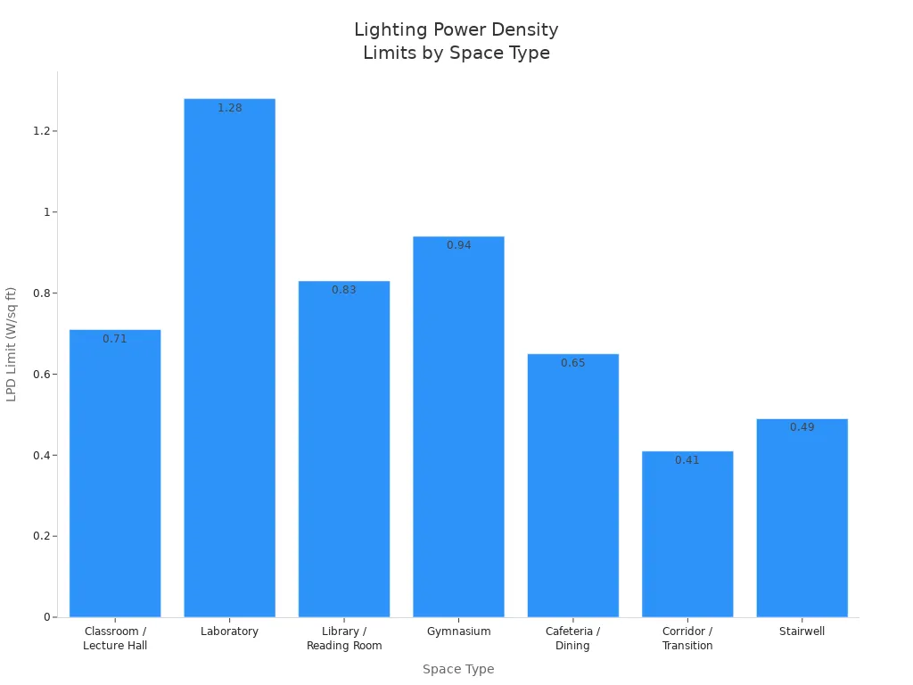 Bar chart comparing ASHRAE 90.1-2022 lighting power density limits for various educational facility spaces