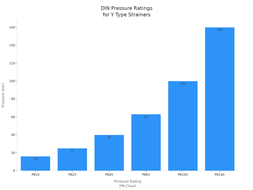 Bar chart showing DIN standard pressure ratings for Y Type Strainers: PN16, PN25, PN40, PN63, PN100, and PN160.