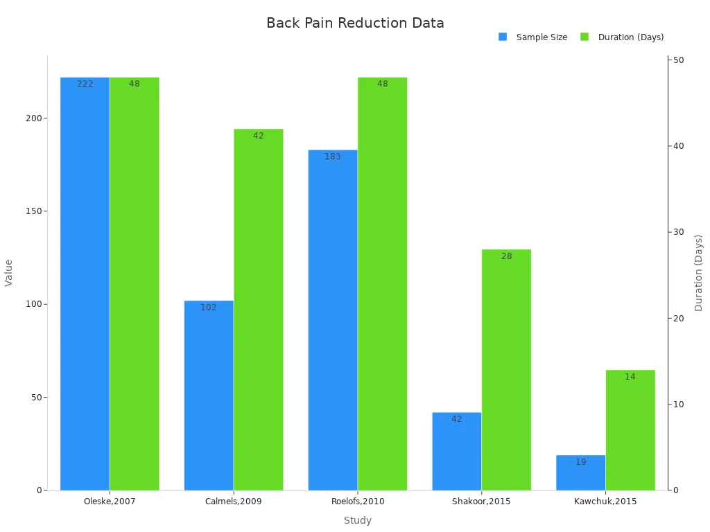 Dual bar chart showing study sample sizes and intervention durations in days for back pain reduction.