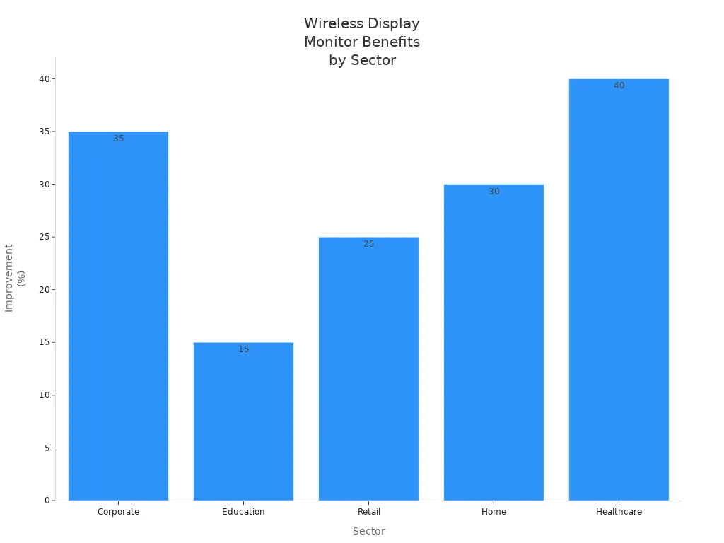 Bar chart showing percentage improvement of wireless display monitor benefits across five sectors