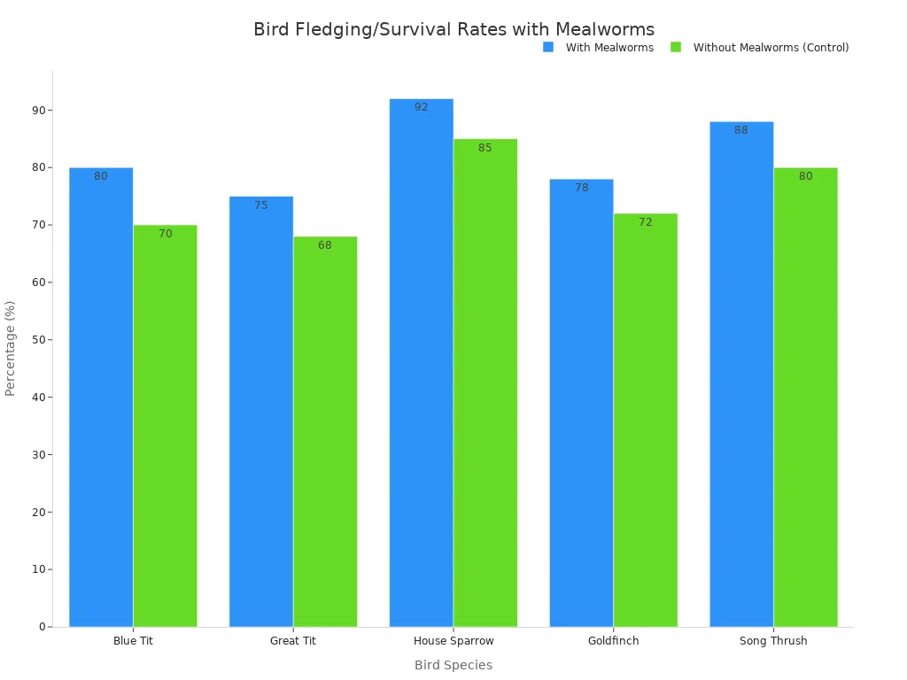 A bar chart comparing fledging and survival rates of various bird species with and without mealworms, showing generally higher rates when mealworms are provided.