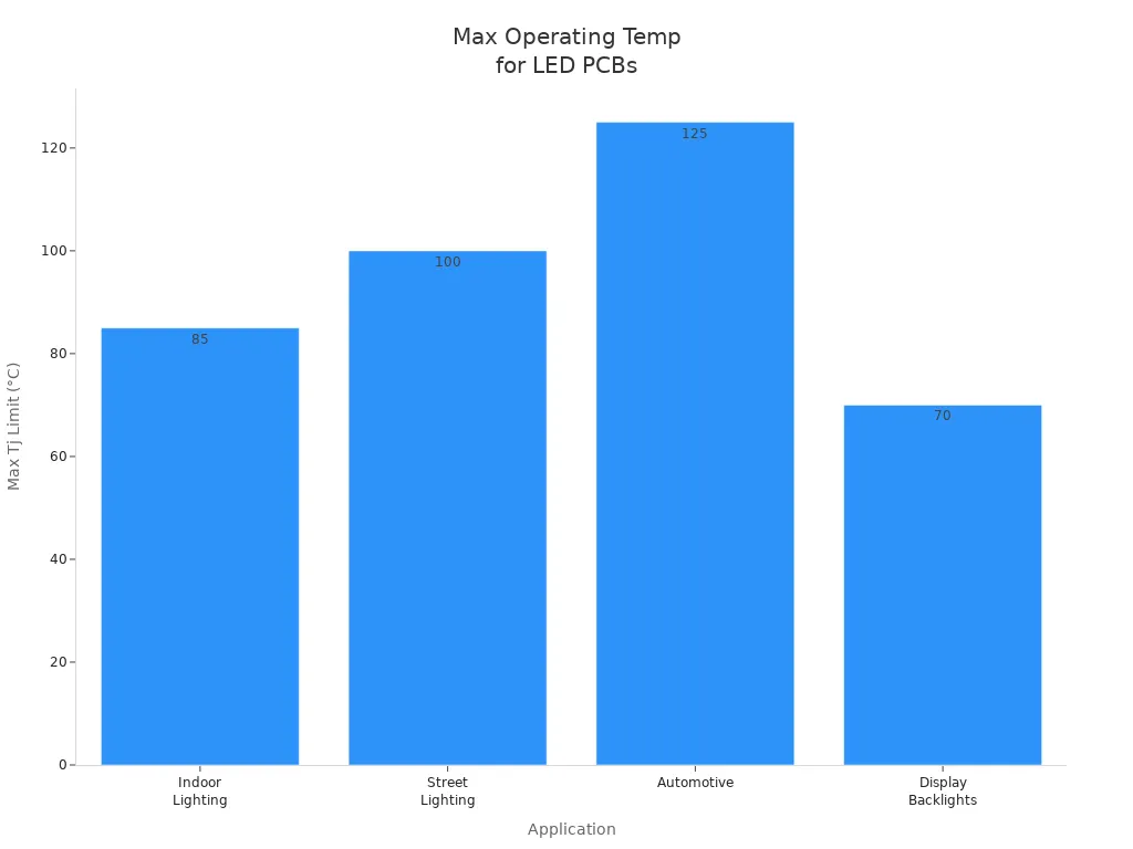 Bar chart comparing max operating temperatures for LED PCB applications
