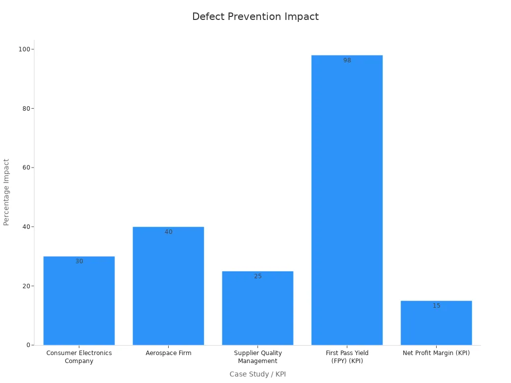 Bar chart showing the percentage impact of defect prevention in case studies and KPIs