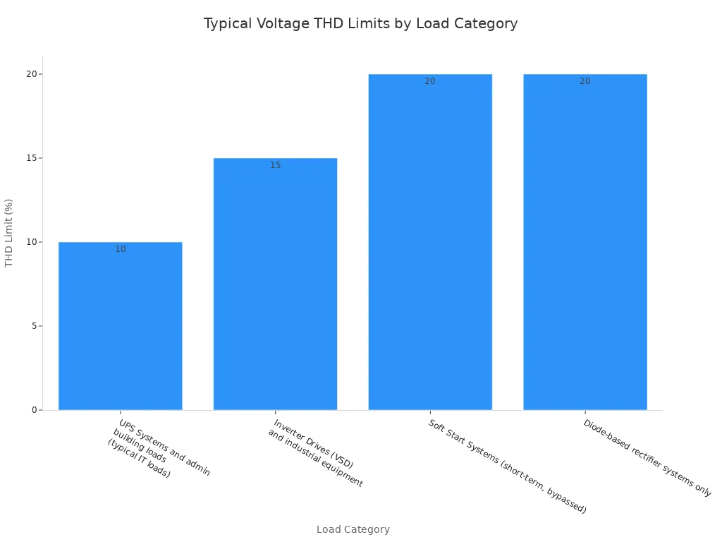 Bar chart showing typical acceptable voltage THD limits for various load categories.