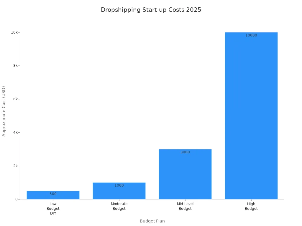 Bar chart comparing start-up costs for dropshipping by budget plan in 2025