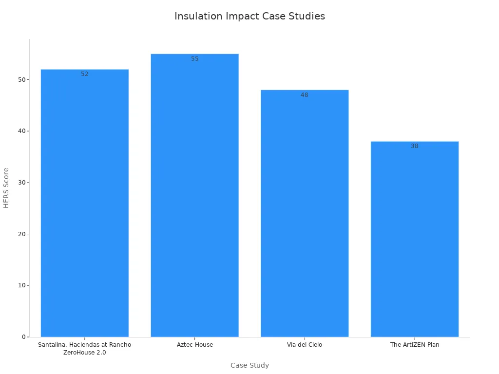 Bar chart showing case studies and their HERS Scores validating insulation quality