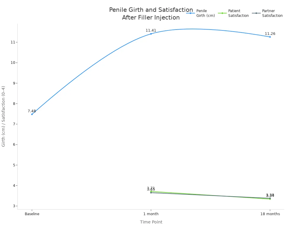 Line chart showing penile girth and satisfaction scores at baseline, 1 month, and 18 months after hyaluronic acid filler injection.