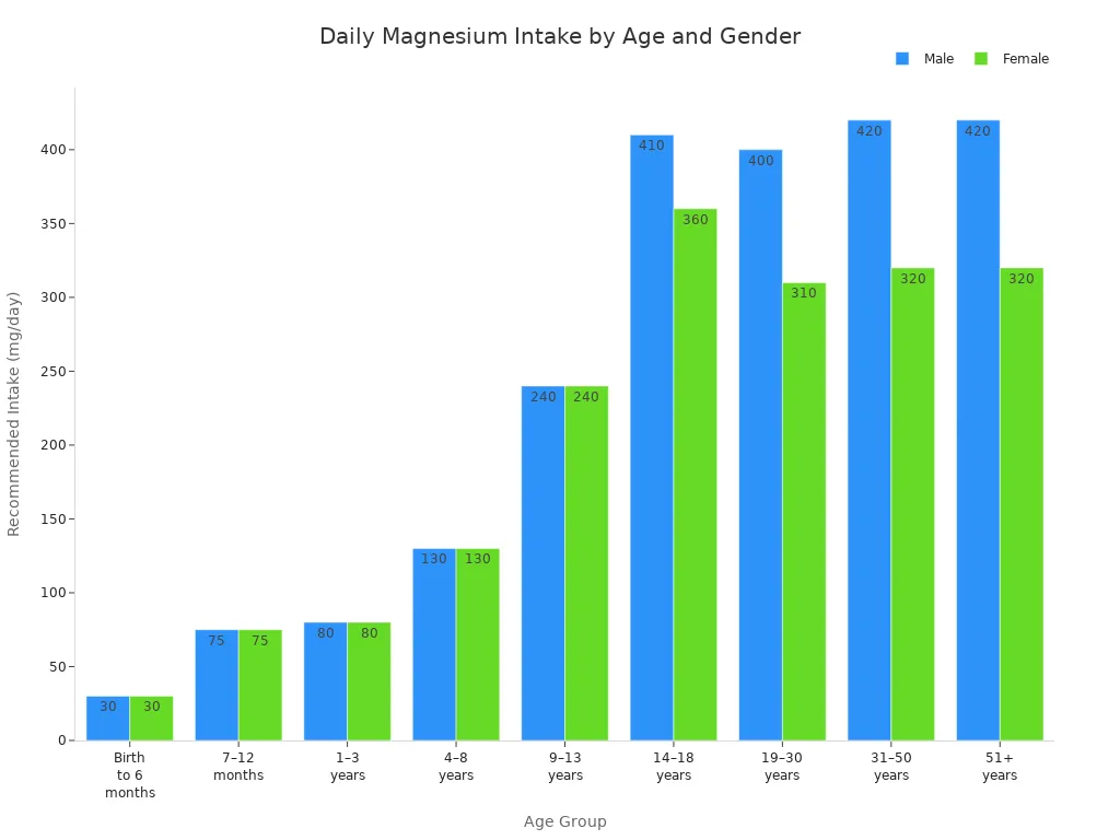 Bar chart comparing daily magnesium intake recommendations for males and females across age groups.