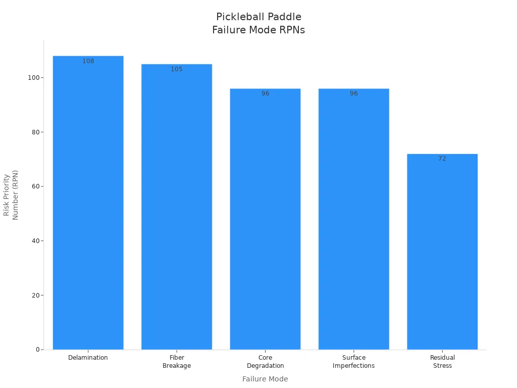 Bar chart comparing RPN values for pickleball paddle failure modes