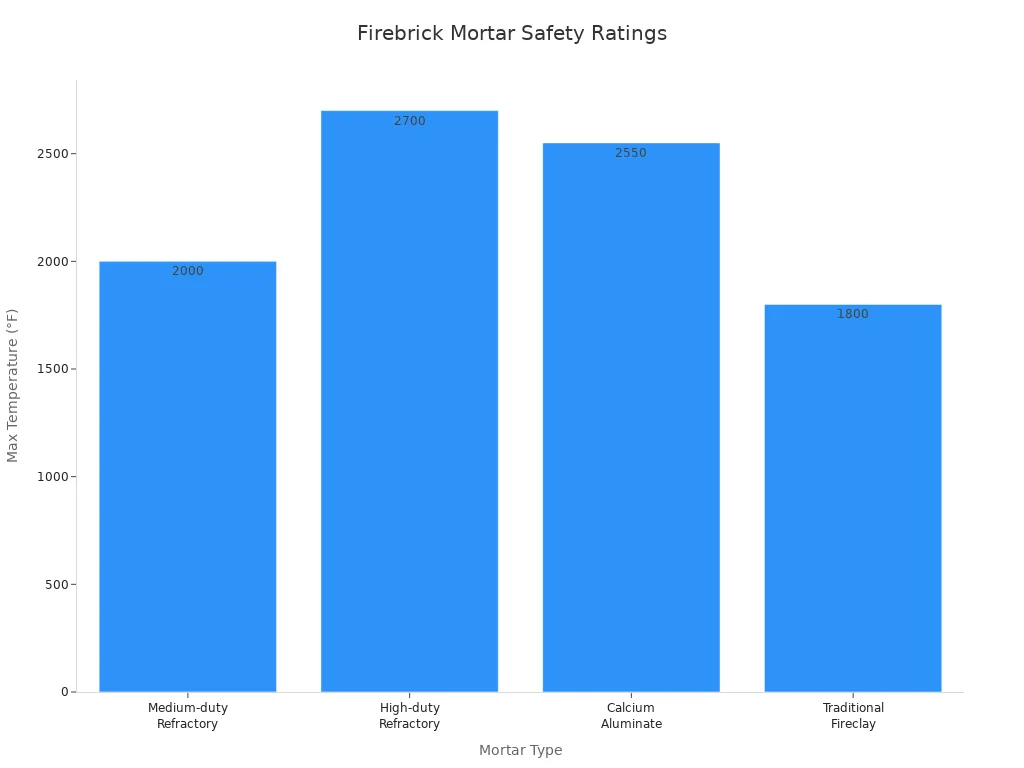 Bar chart comparing maximum temperature ratings of firebrick mortar alternatives