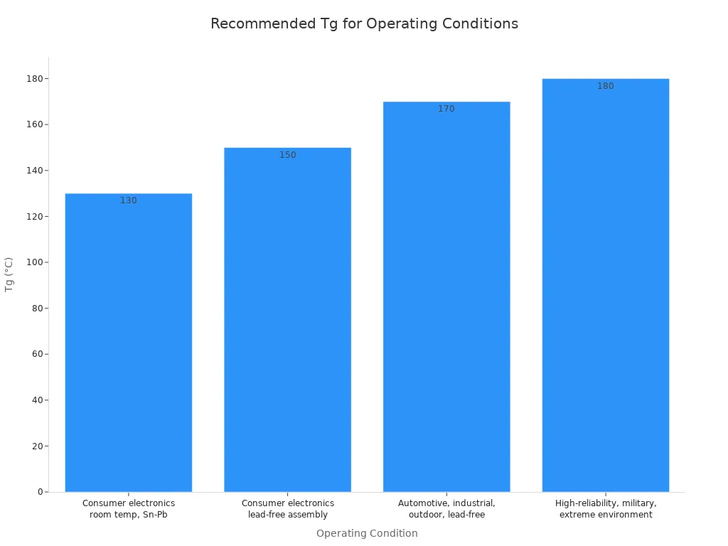 Bar chart showing recommended Tg values for different operating conditions, from consumer electronics to high-reliability applications.