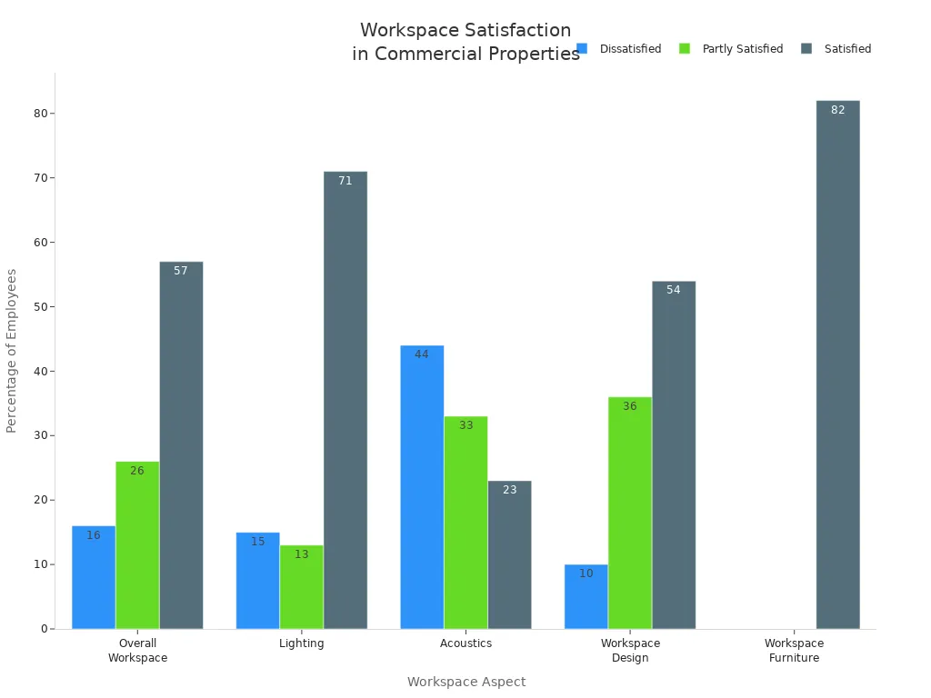 Bar chart showing employee satisfaction levels across workspace aspects