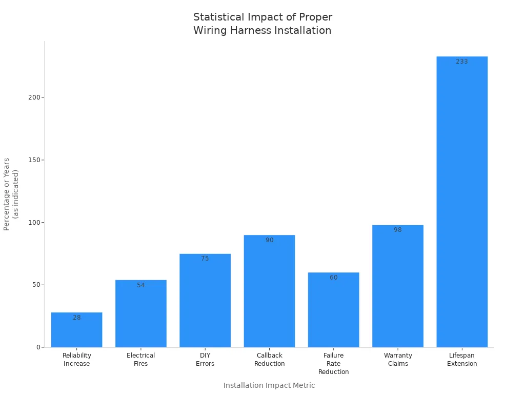 Bar chart showing statistical reduction of wiring harness faults and increased reliability due to proper installation in vehicles
