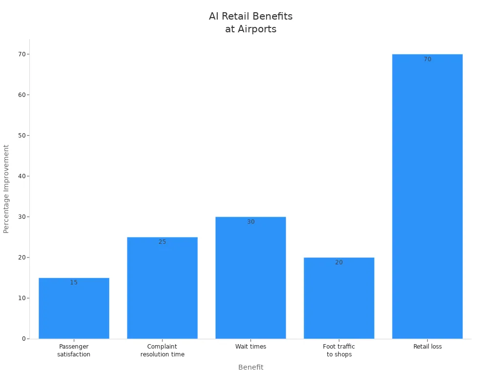 Bar chart showing percentage improvements in airport retail metrics after AI implementation