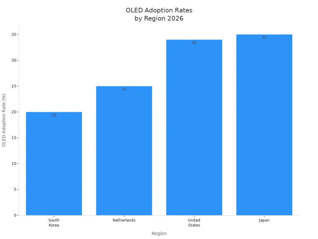 Bar chart showing OLED adoption rates in South Korea, Netherlands, United States, and Japan for 2026