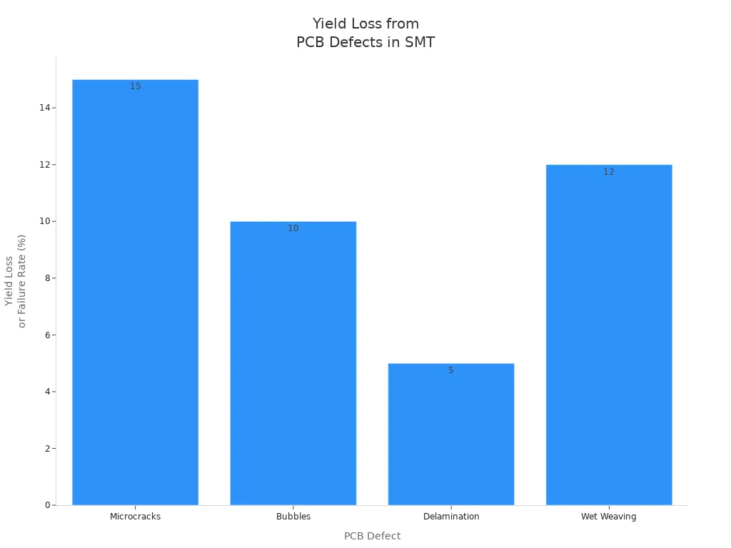 Bar chart showing yield loss or failure rates for microcracks, bubbles, delamination, and wet weaving in SMT PCB production