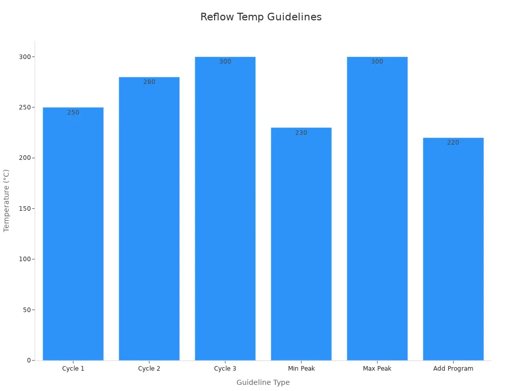 A bar chart comparing six numerical temperature guidelines for the reflow zone.