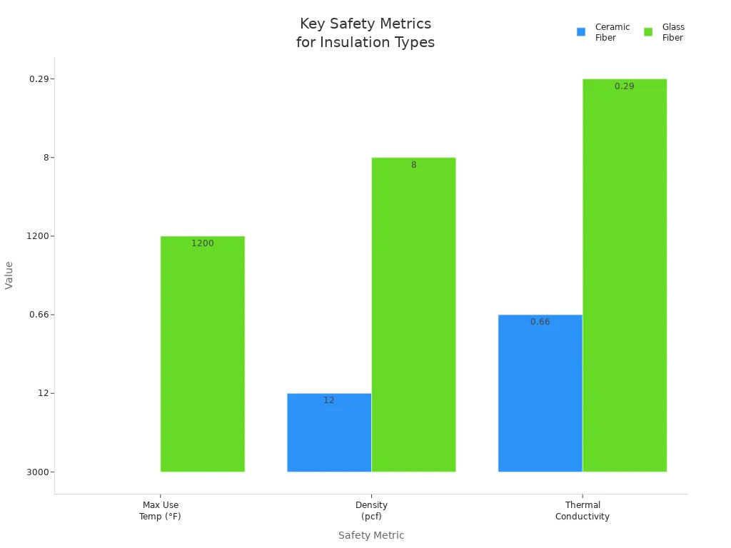 Bar chart comparing maximum use temperature, density, and thermal conductivity for ceramic fiber and glass fiber insulation