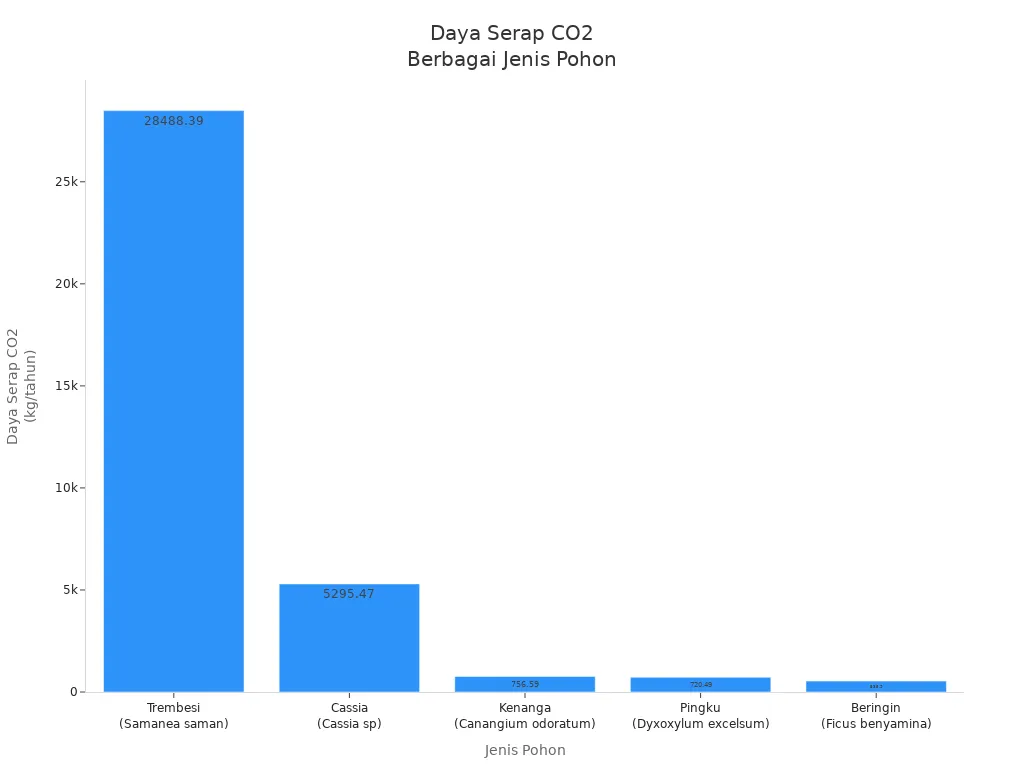 Grafik batang membandingkan daya serap CO2 tahunan dari lima jenis pohon di Indonesia