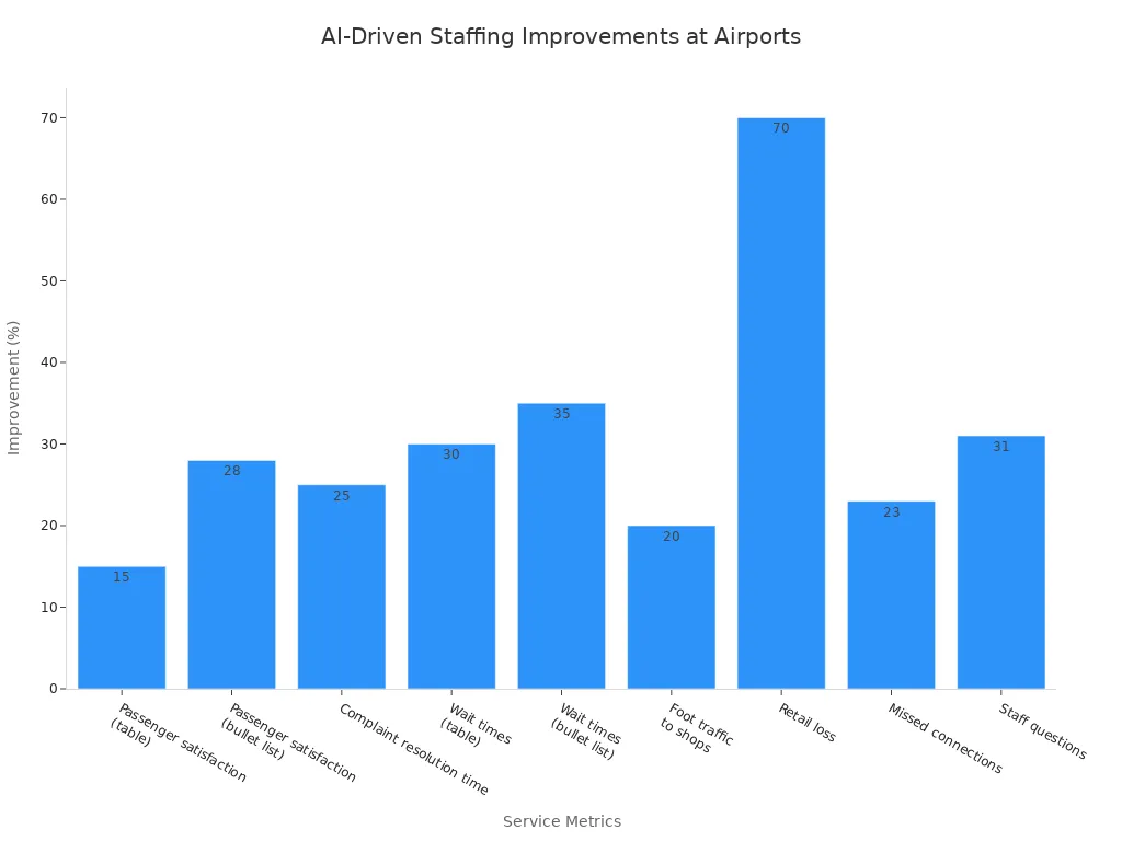 Bar chart showing percentage improvements in various service metrics at airports using AI for retail staff scheduling.