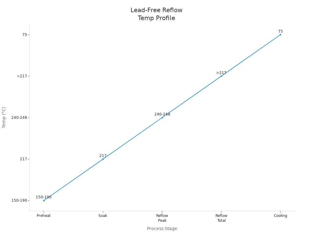 Line chart showing recommended temperature profile for lead-free reflow soldering stages