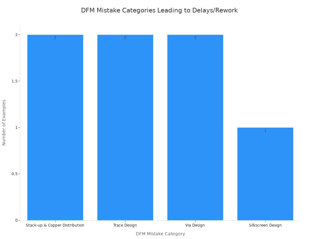 Bar chart showing the number of DFM mistake examples per category, with Stack-up & Copper Distribution, Trace Design, and Via Design each having 2 examples, and Silkscreen Design having 1 example.