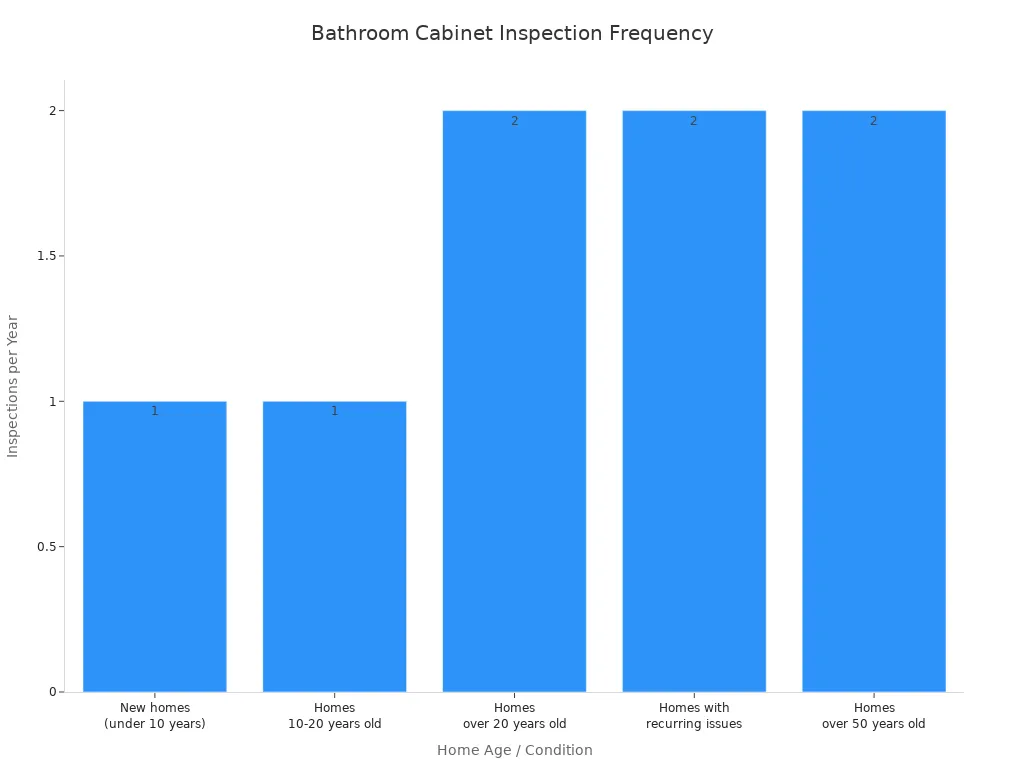 Bar chart showing inspection frequency for bathroom cabinets by home age and condition