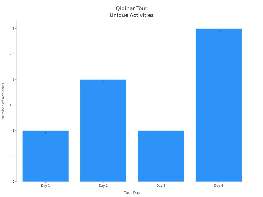 Bar chart showing number of unique activities for each day of a 4-day Qiqihar tour