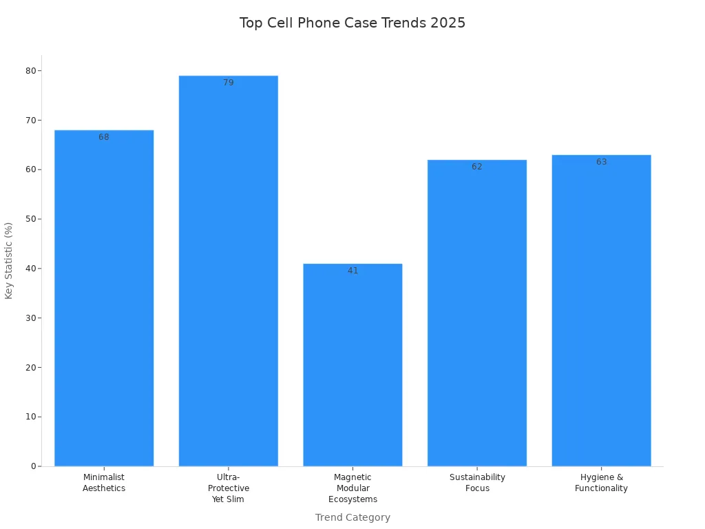 Bar chart comparing 2025 cell phone case design trends by key adoption statistics