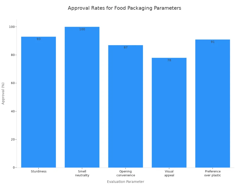 Bar chart comparing approval rates for sturdiness, smell neutrality, opening convenience, visual appeal, and preference over plastic in food packaging materials.