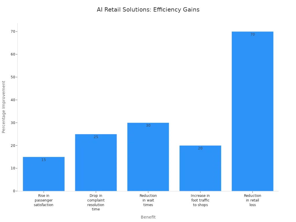 Bar chart showing percentage improvements in airport retail operations after AI adoption