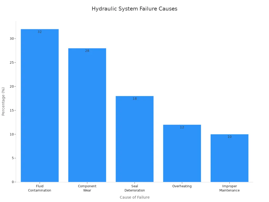 A bar chart showing the percentage of hydraulic system breakdowns attributed to different causes, with fluid contamination being the highest at 32% and improper maintenance the lowest at 10%