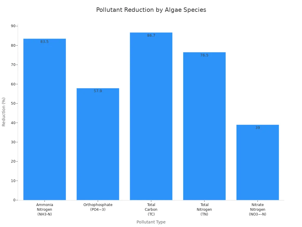 Bar chart showing reduction percentages of various pollutants by algae species in sewage treatment