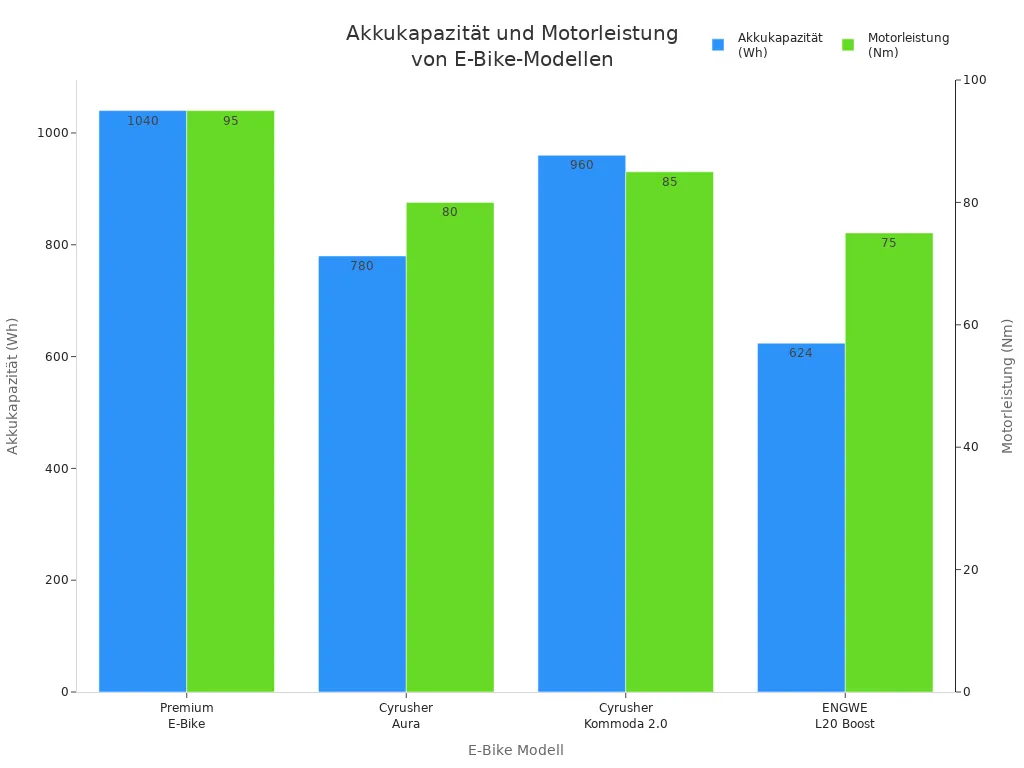 Vergleich der Akkukapazitäten und Motorleistungen von Premium und günstigen E-Bike-Modellen als Balkendiagramm