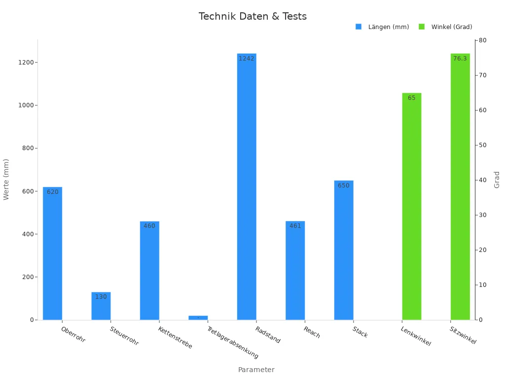 Balkendiagramm zu technischen Daten und Testergebnissen